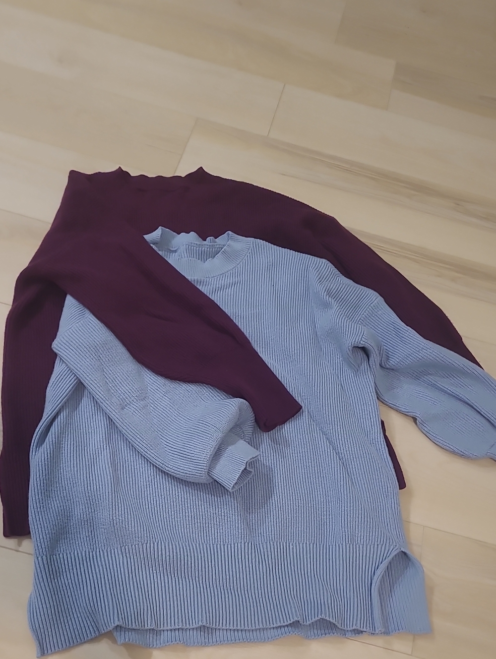 Bundle Of 2 Womens Sweaters, Light Blue And Wine Red Crewneck - L And XL